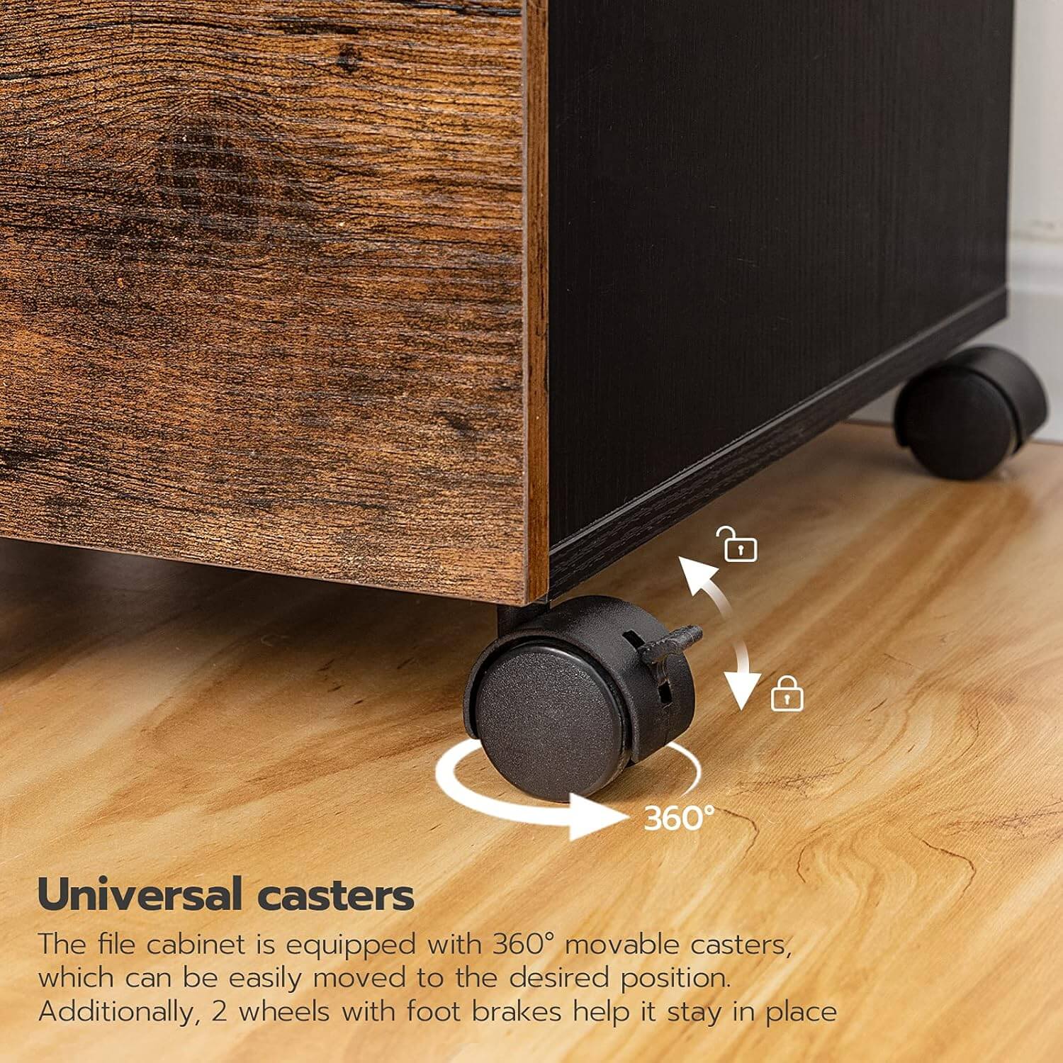 Wooden file cabinet with 360-degree caster wheels on a wooden floor.