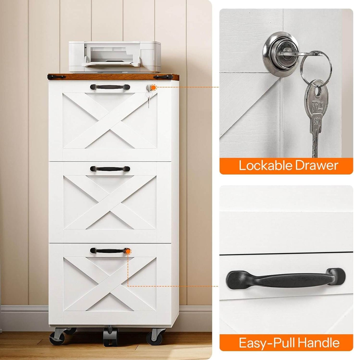 HOOBRO Wooden 3-Drawer Farmhouse File Cabinet for A4 and Letter Size