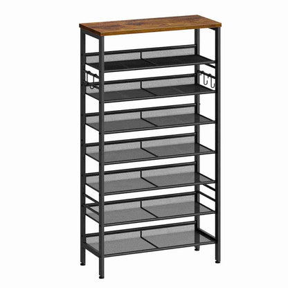 Tall metal shelf with mesh shelves and a wooden top on a white background
