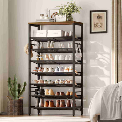 Shoe rack with various shoes on shelves in a room with decor elements.
