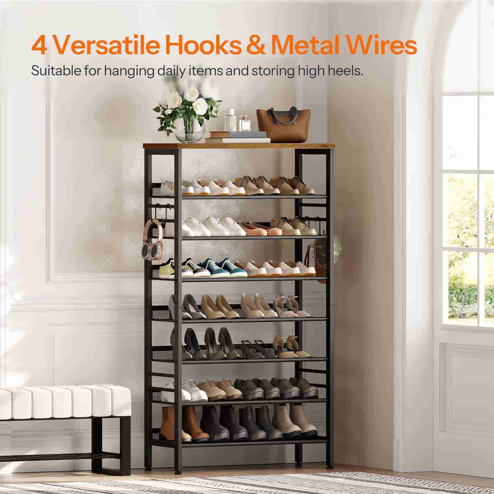 Shoe rack with multiple shelves holding various shoes, against a neutral wall.
