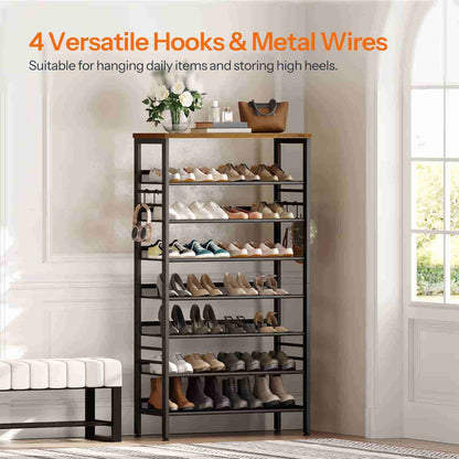 Shoe rack with multiple shelves holding various shoes, against a neutral wall.