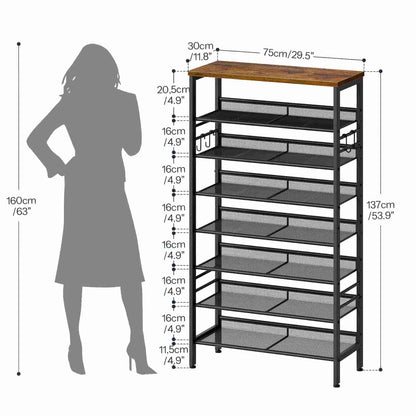 Shoe rack with dimensions shown next to a silhouette of a person for scale.