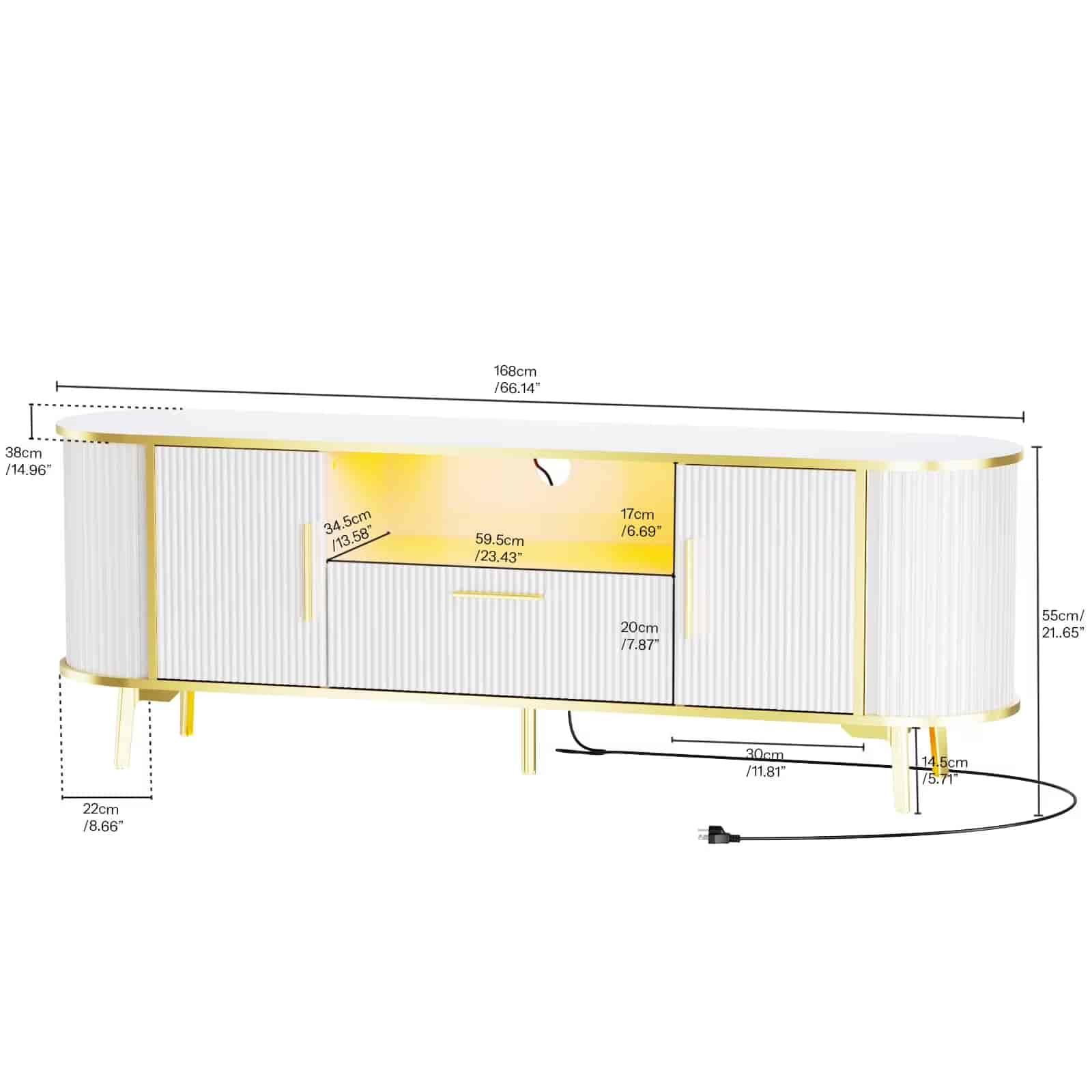 Measurement chart of a white and gold product with dimensions labeled.