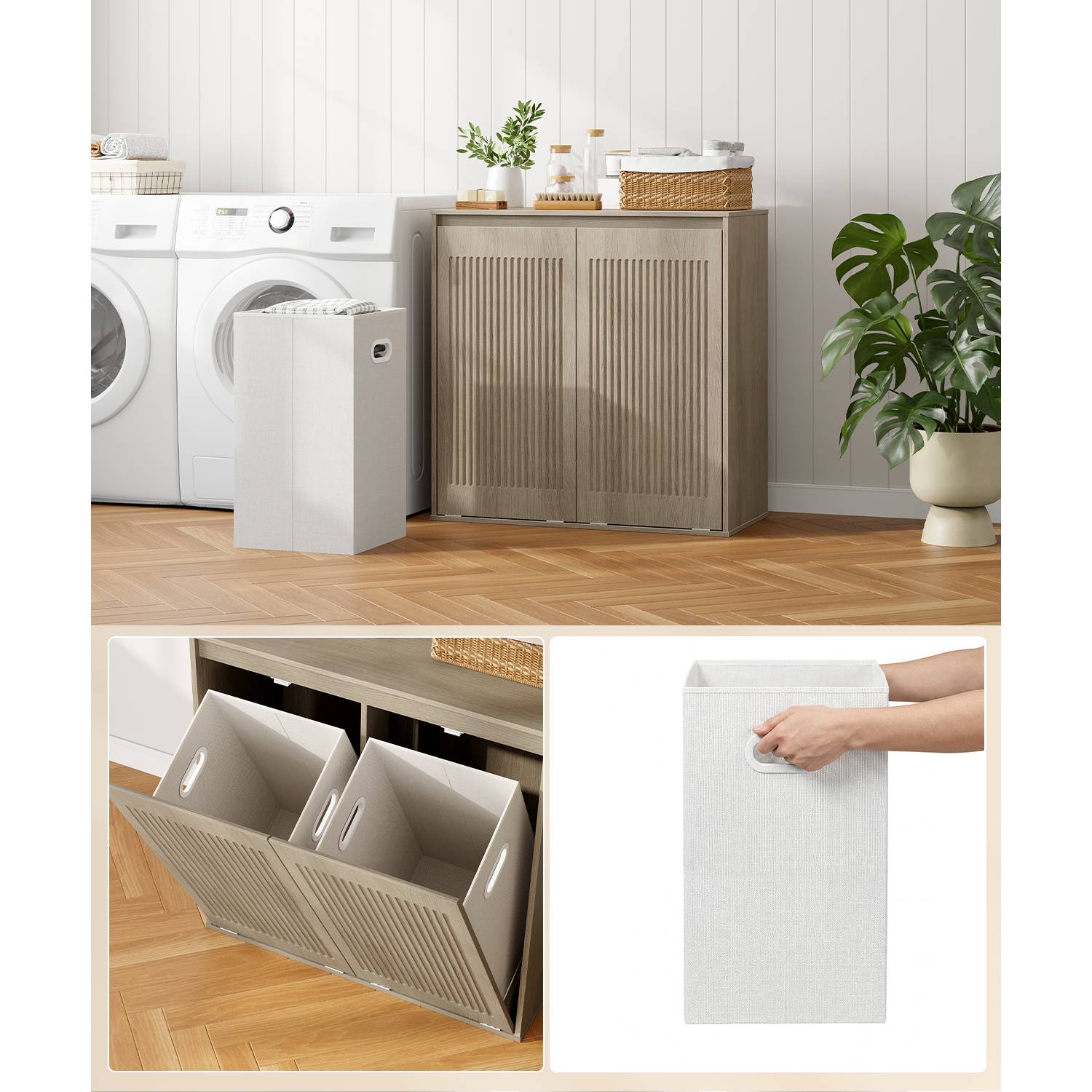Two-panel display showing the tilt-out laundry sorter cabinet styled in a laundry room next to a washing machine.