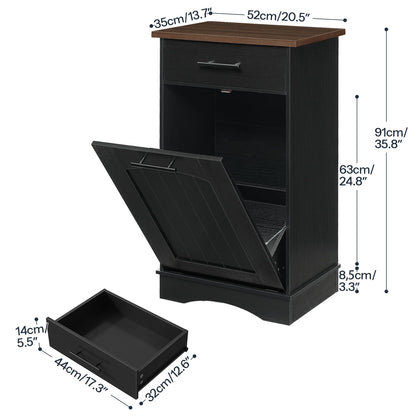 Size dimensions chart for the black single tilt-out trash can holder cabinet and the removable top drawer.