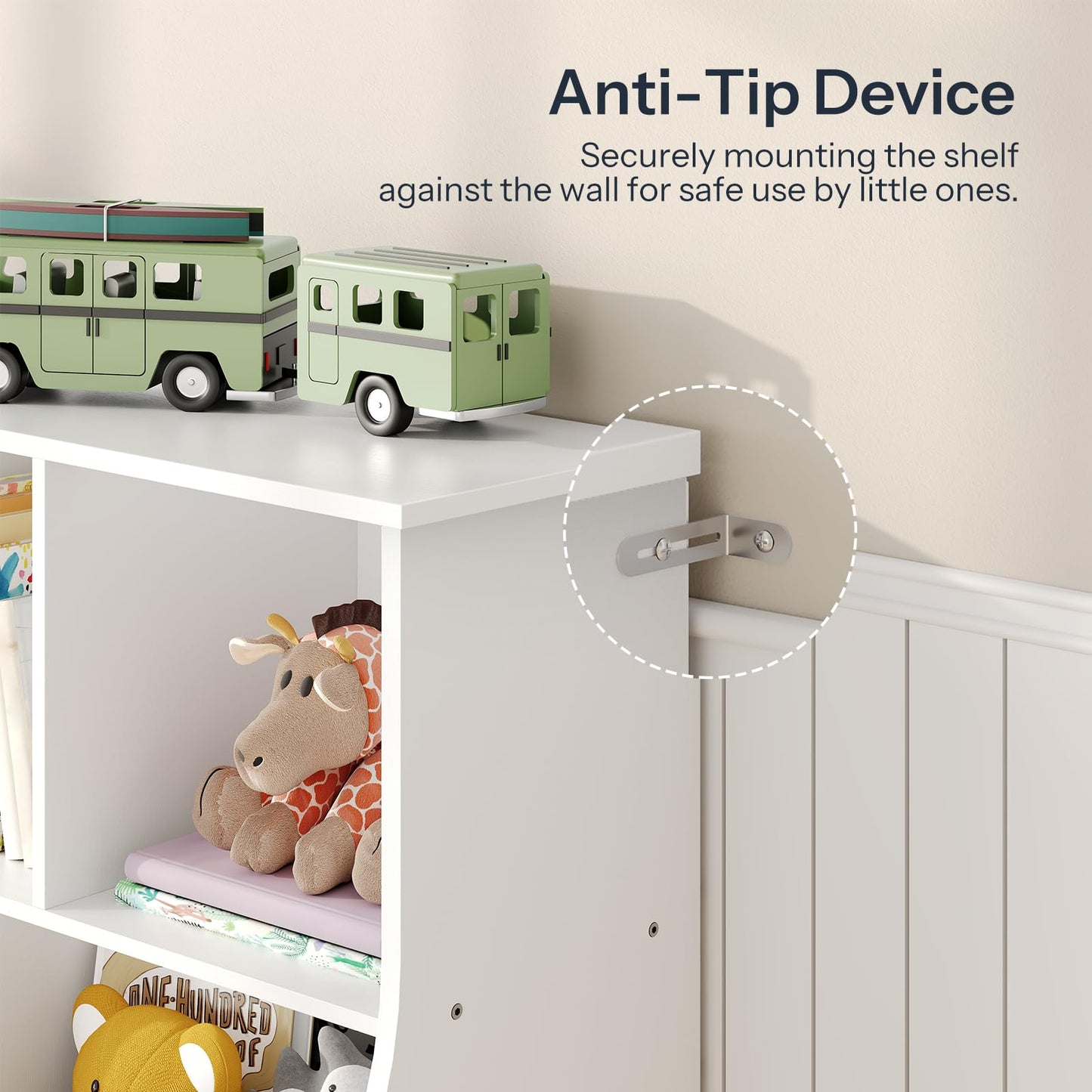 Close up of the white toy shelf detailing the wall anchor strap placement for enhanced family anti-tip safety.