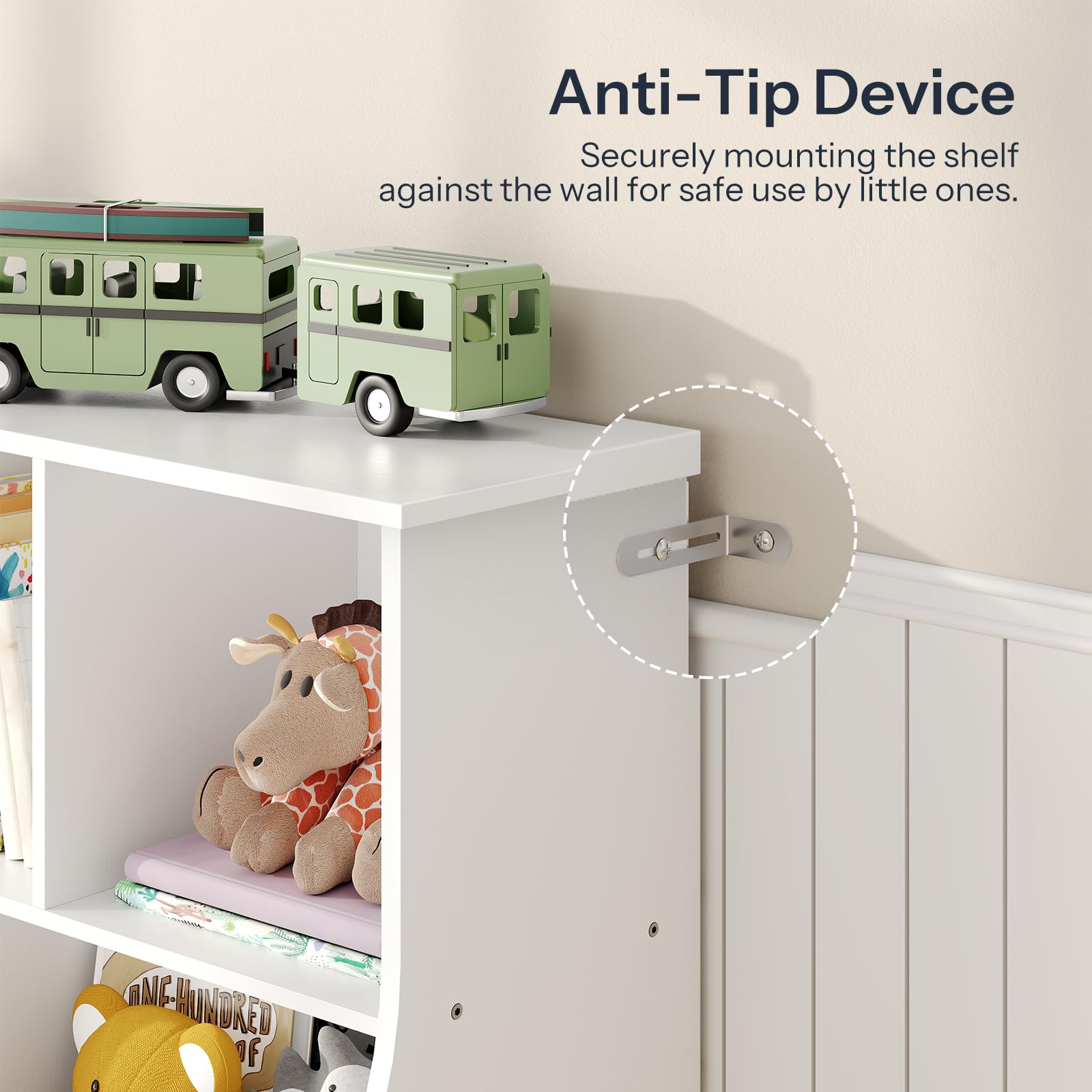 Close up of the white toy shelf detailing the wall anchor strap placement for enhanced family anti-tip safety.