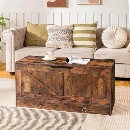 Wooden coffee table with decorative items in a living room setting