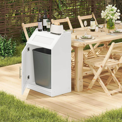 White outdoor trash bin with a gray liner next to a wooden dining table with chairs and wine bottles.