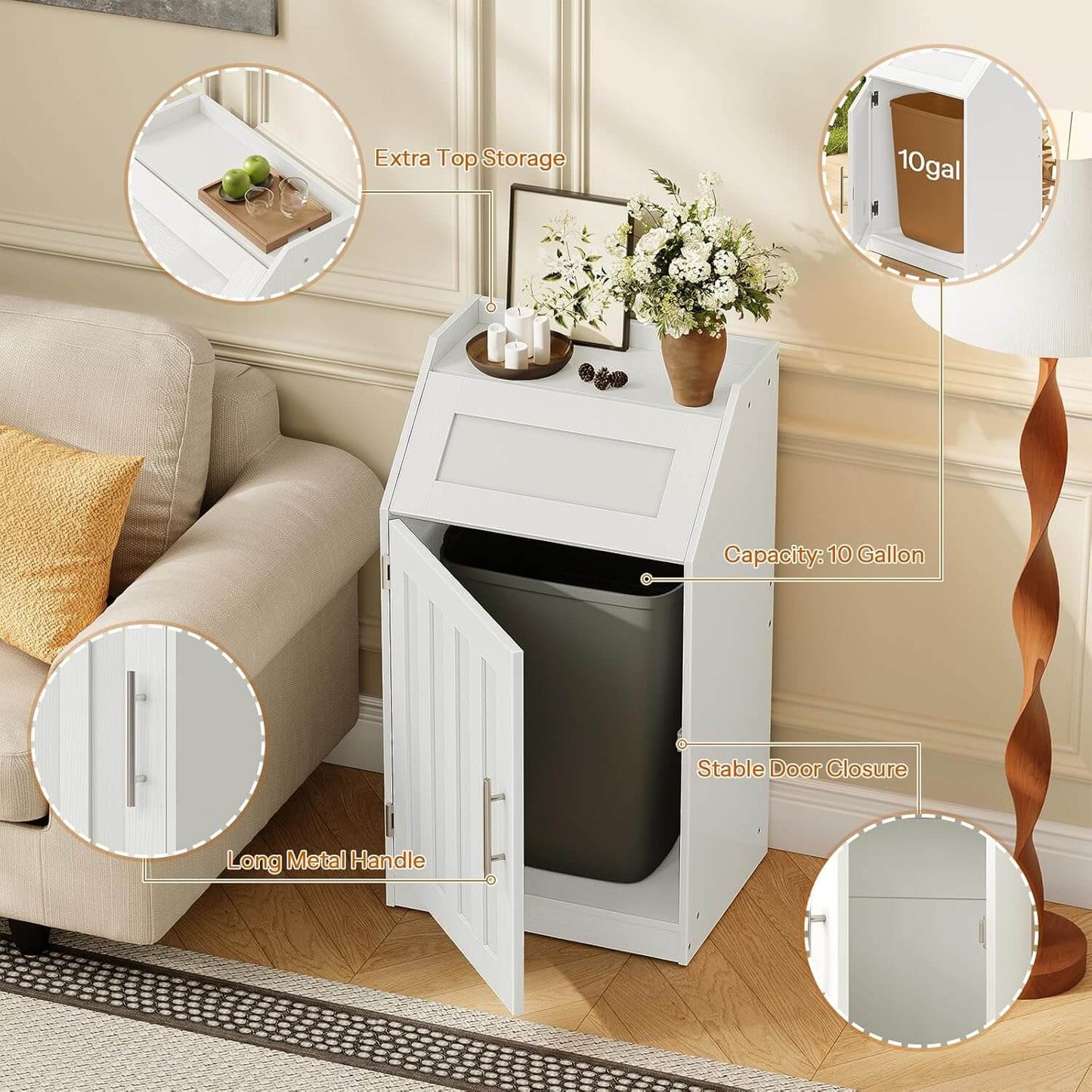White trash bin with cabinet in a living room setting, featuring close-up details.