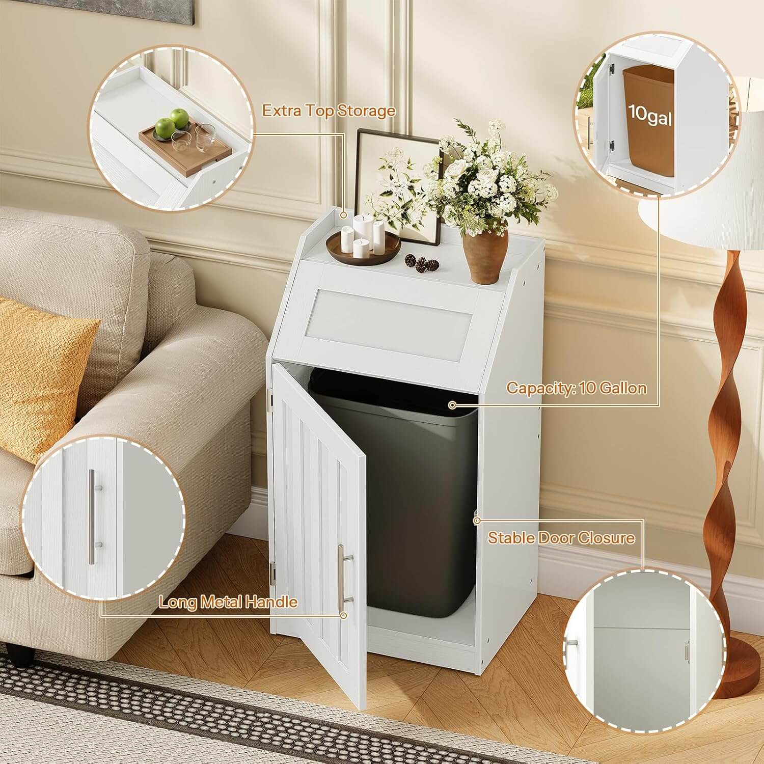 White trash bin with cabinet in a living room setting, featuring close-up details.