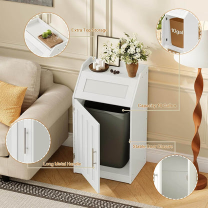 White trash bin with cabinet in a living room setting, featuring close-up details.