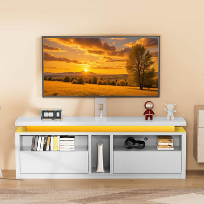 Modern TV stand with a television displaying a sunset scene, placed against a beige wall.