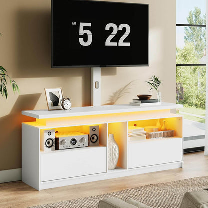 Modern TV stand with a digital clock display in a living room setting.