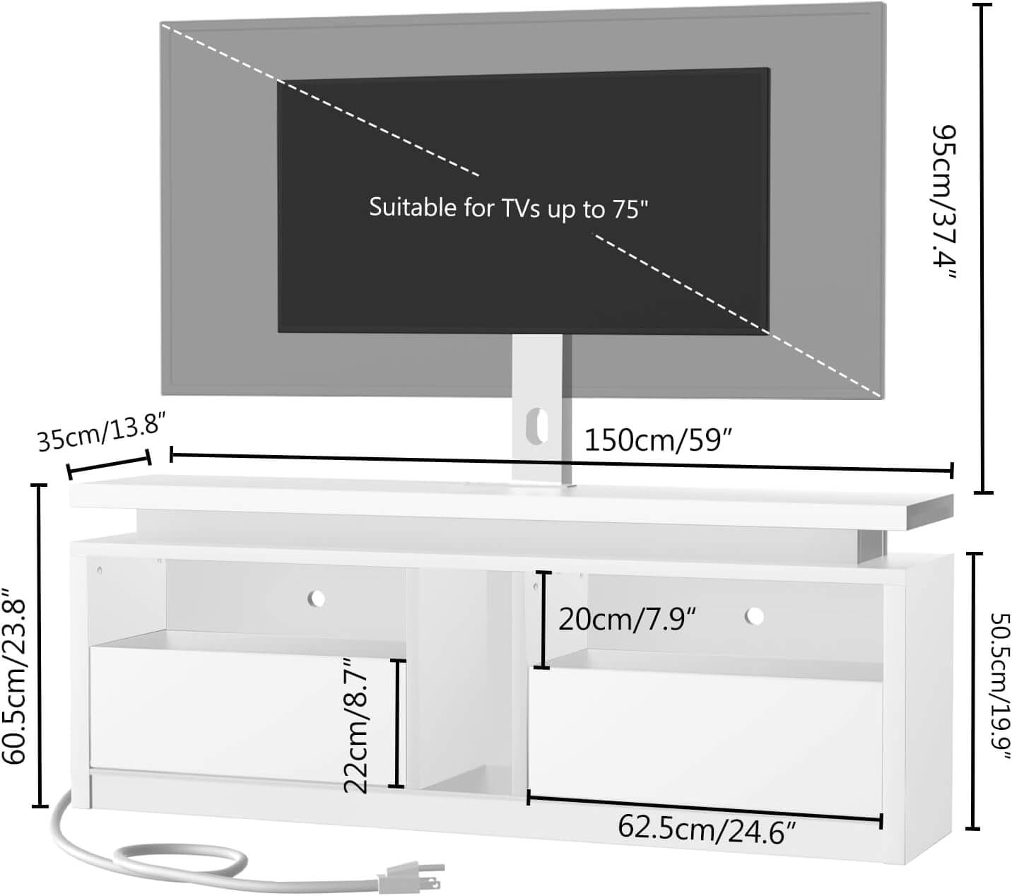 White TV stand with dimensions labeled, suitable for TVs up to 75".