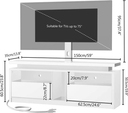 White TV stand with dimensions labeled, suitable for TVs up to 75".