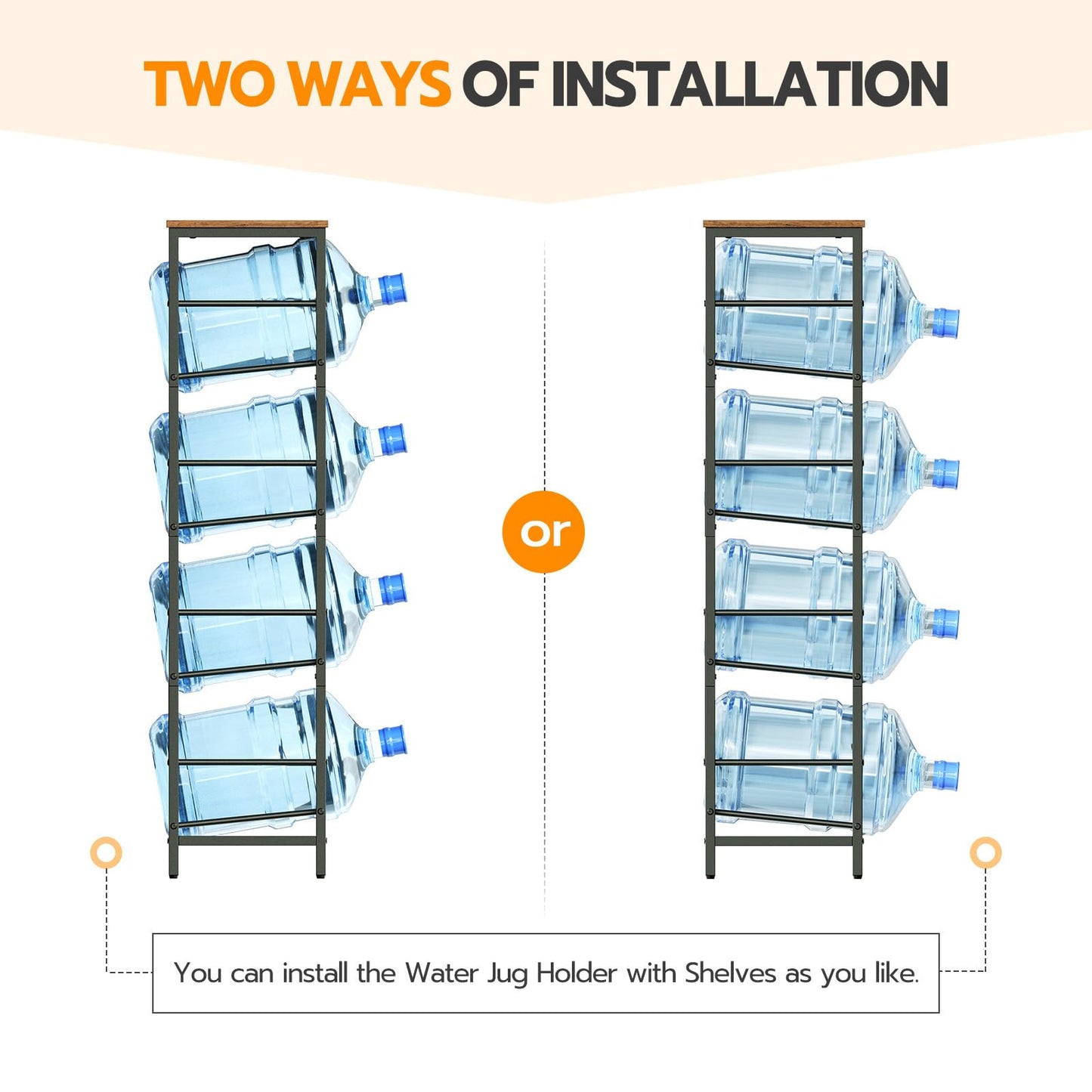 Diagram showing two ways of installation with water bottles tilted upward or downward at 45 degrees.