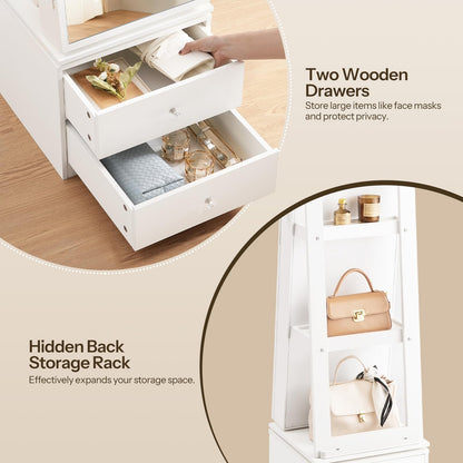 White storage unit with open drawers and shelves displaying items.