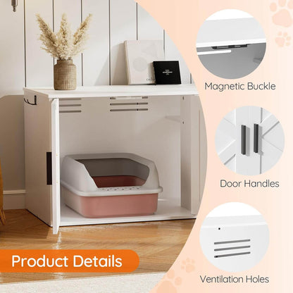 Pet litter box with features highlighted on a white shelf.