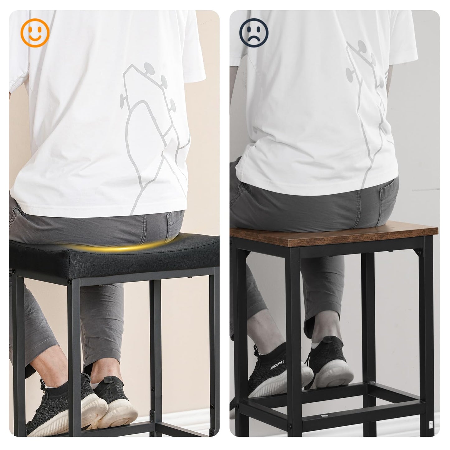 Two-panel graphic comparing a soft upholstered cushion seat to a hard uncomfortable wooden stool seat.