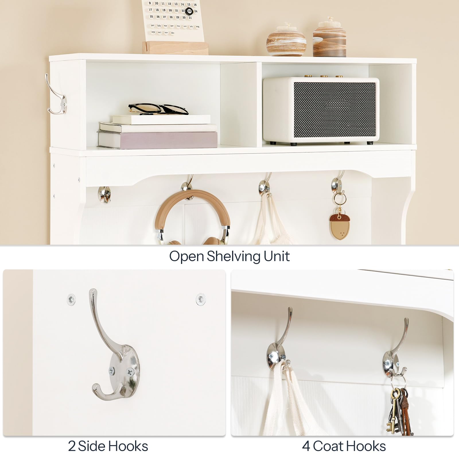 Two panel technical details showing the upper open storage cubbies and dual-pronged retro metal coat hooks.
