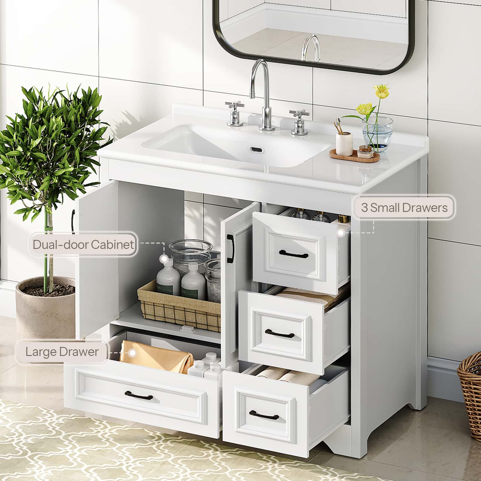Bathroom vanity with open drawers and a mirror above, featuring labeled storage compartments.