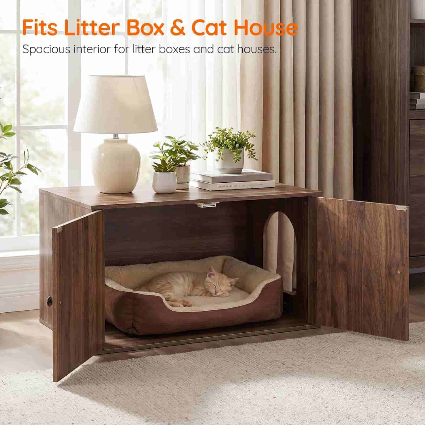 The wooden cabinet doors open to reveal a plush cat bed inside, showcasing its alternative use as a cat house.
