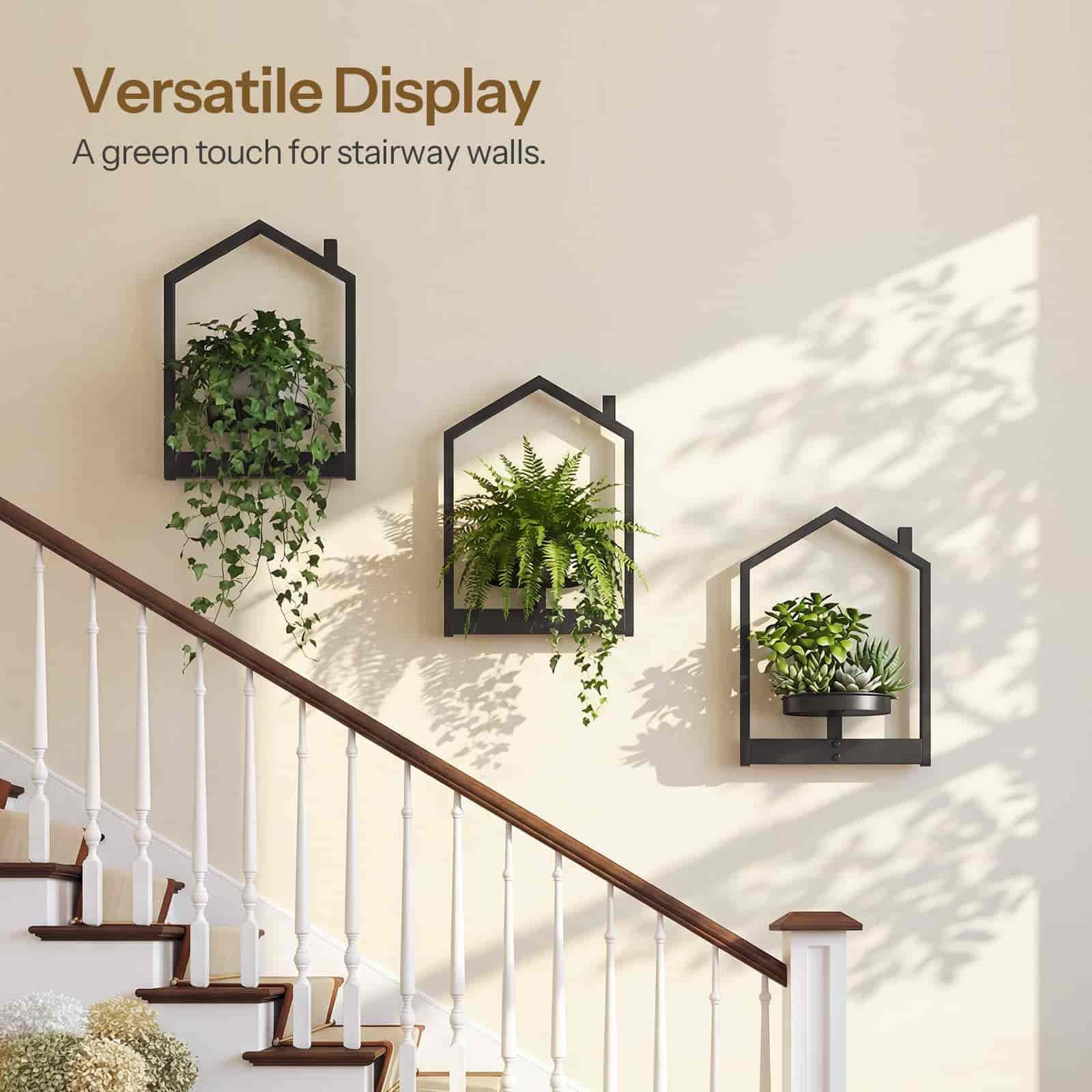 Three wall-mounted planters with plants on a staircase wall, labeled 'Versatile Display'.