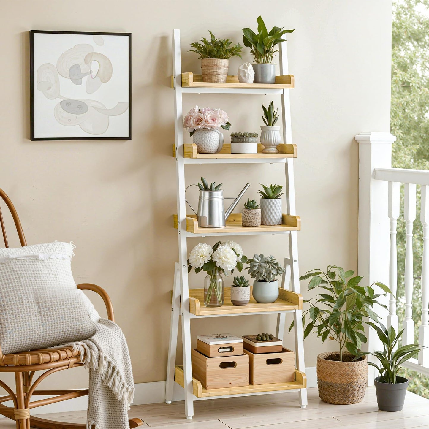 Ladder shelf with plants and decor in a home setting