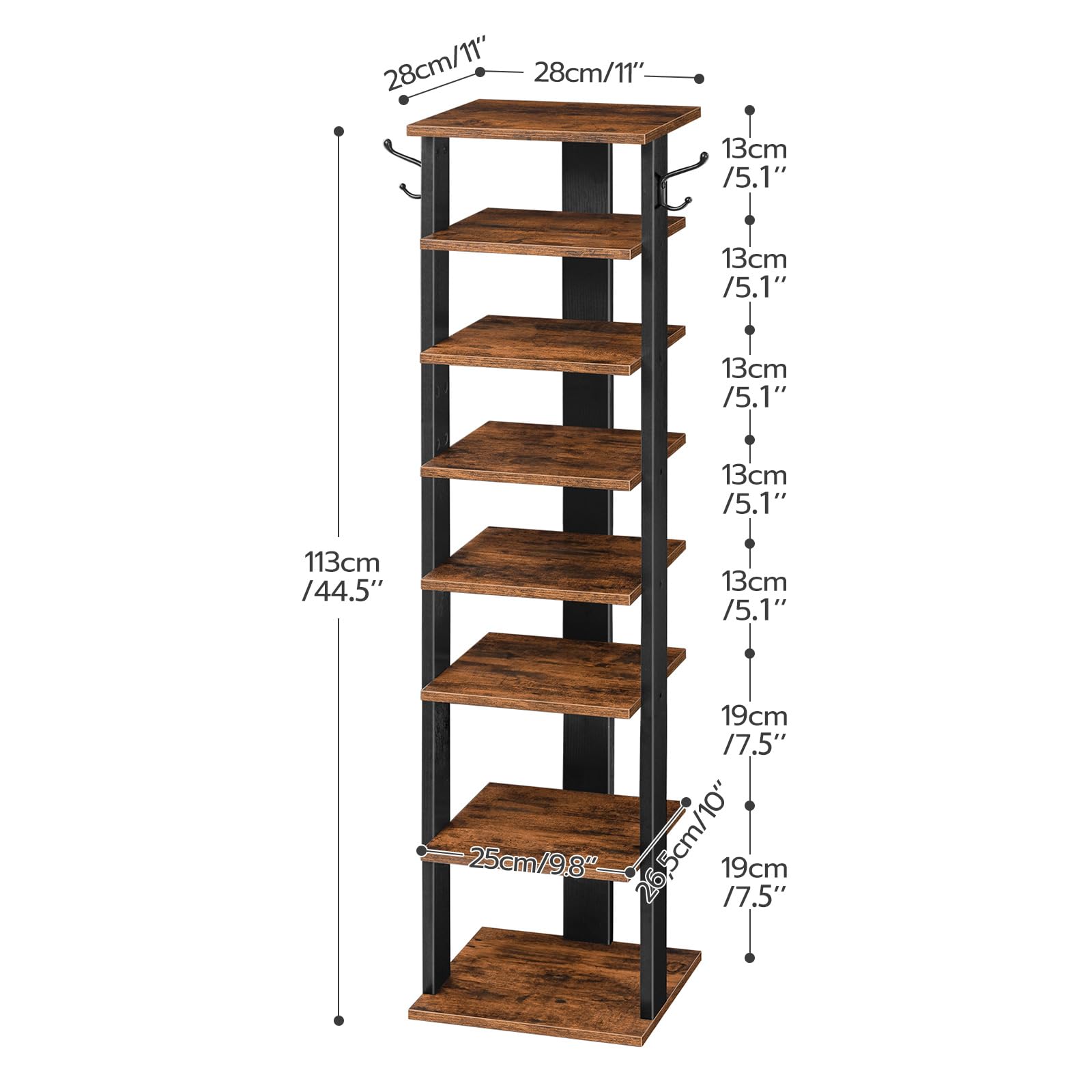 Size dimensions chart for the tall vertical shoe shelf measuring 11 by 11 by 44.5 inches.
