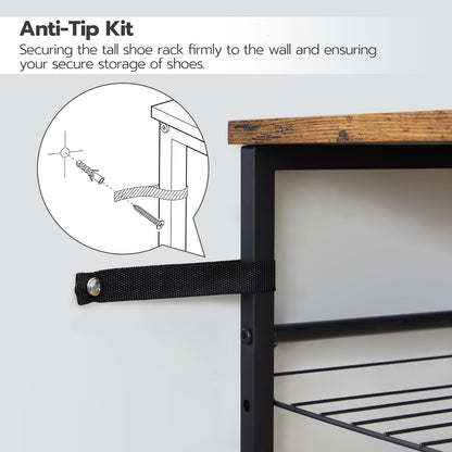 Technical diagram detailing how to screw the vertical shoe tower wall anti-tip anchor safety straps into drywall.