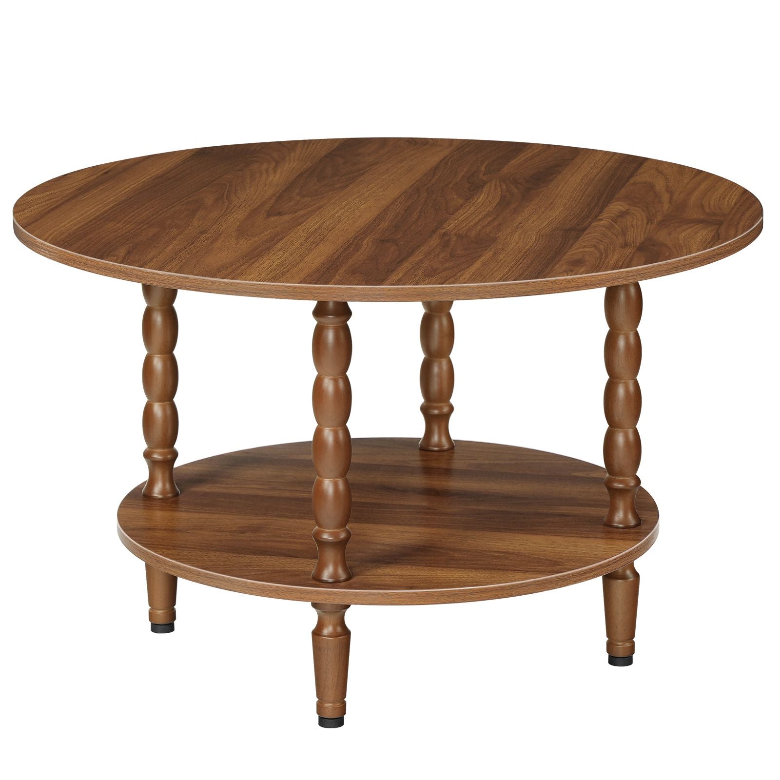 Isolated front view of the empty vintage circle sofa central cocktail table showing ornate carved legs.