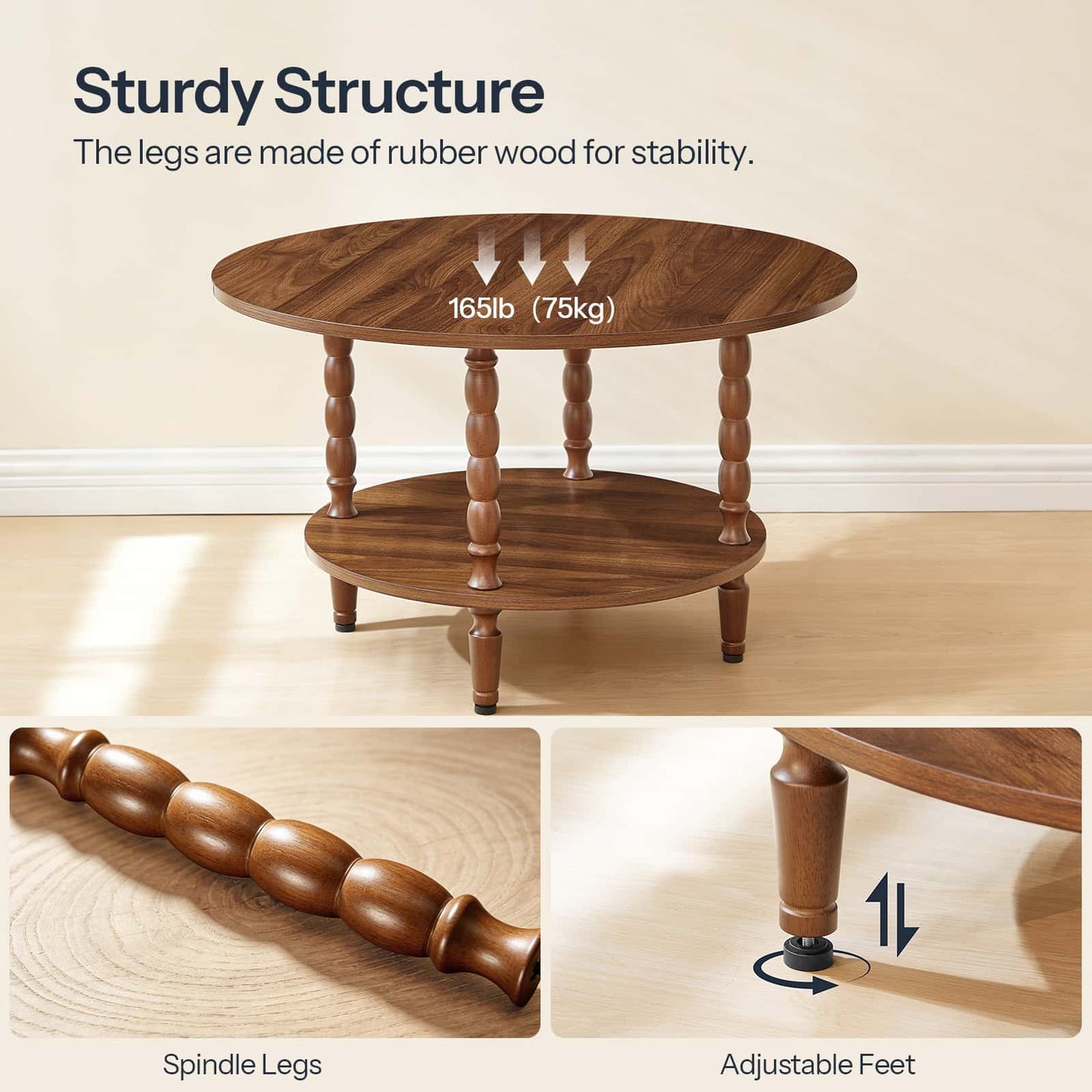 Two-panel close-up highlighting the elegant carved spindle legs and adjustable leveling foot pads.