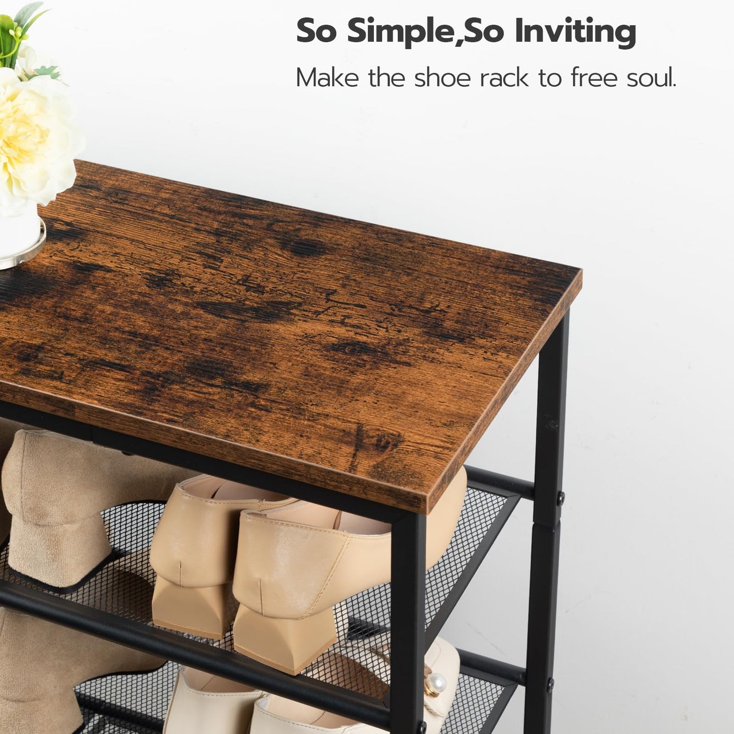 Vintage wood-look surface finish of the 6-tier large industrial shoe shelf