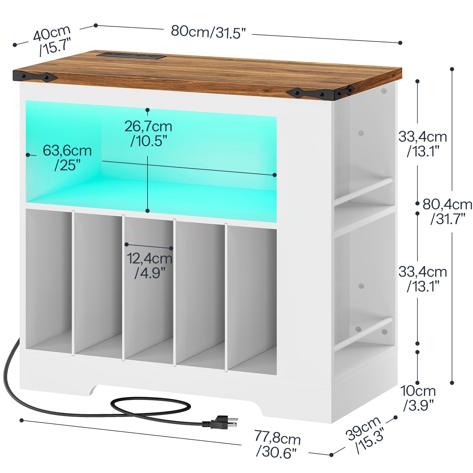 Product dimensions and detailed size specifications chart of HOOBRO vinyl album storage table.