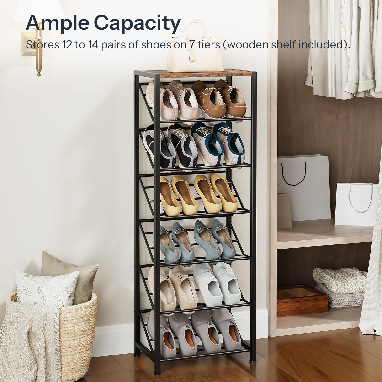 Space-saving 7-shelf shoe tower fitted neatly inside a compact walk-in closet corner.