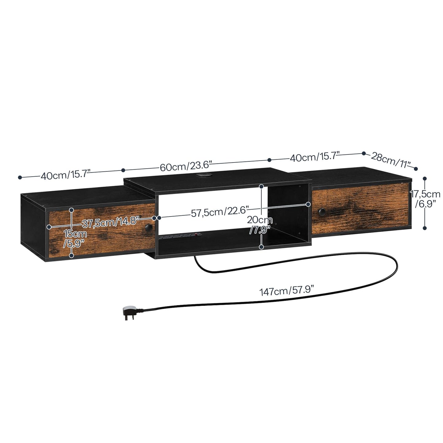 Dimensions of a TV stand with wooden and black finishes on a white background