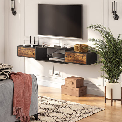 Modern living room with a wall-mounted TV and wooden entertainment console.