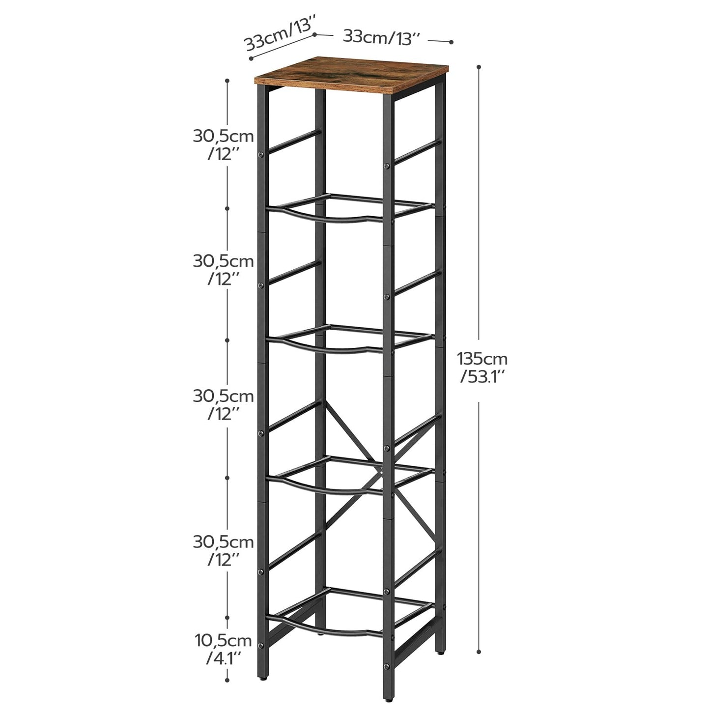 Size dimensions chart for the 4-tier water jug holder measuring 13 by 13 by 53.1 inches.