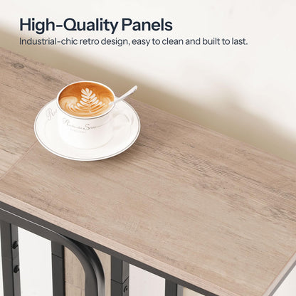 Close up of the water resistant rustic brown wood grain tabletop holding a ceramic cup of latte coffee.