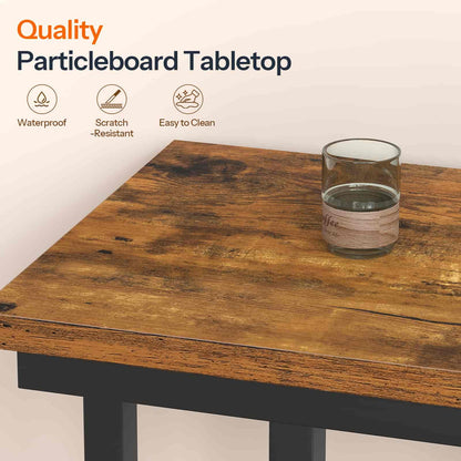 Wooden table with a glass of water on a beige background, featuring text about particleboard quality.