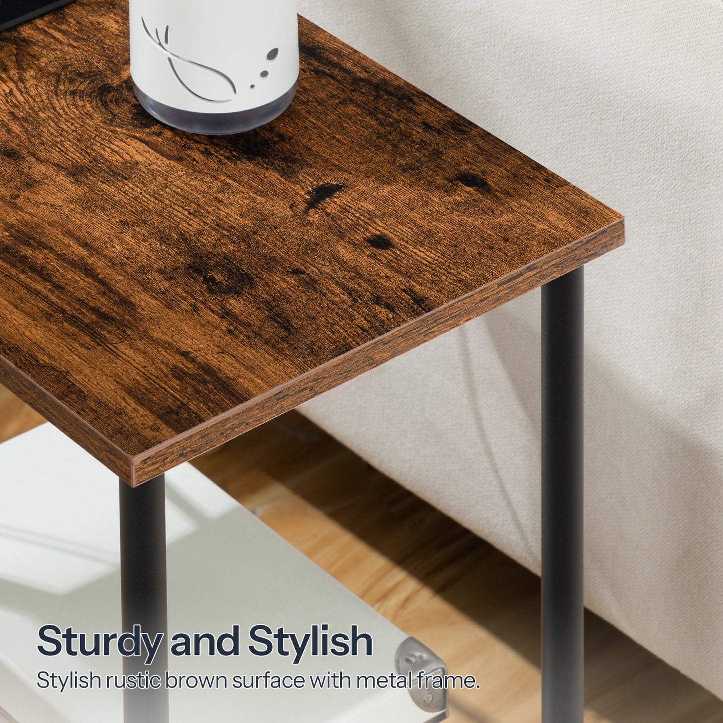 Close up of the water resistant wood grain tabletop securely fitted onto a durable matte black metal tube column.