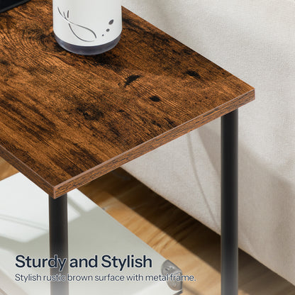 Close up of the water resistant wood grain tabletop securely fitted onto a durable matte black metal tube column.