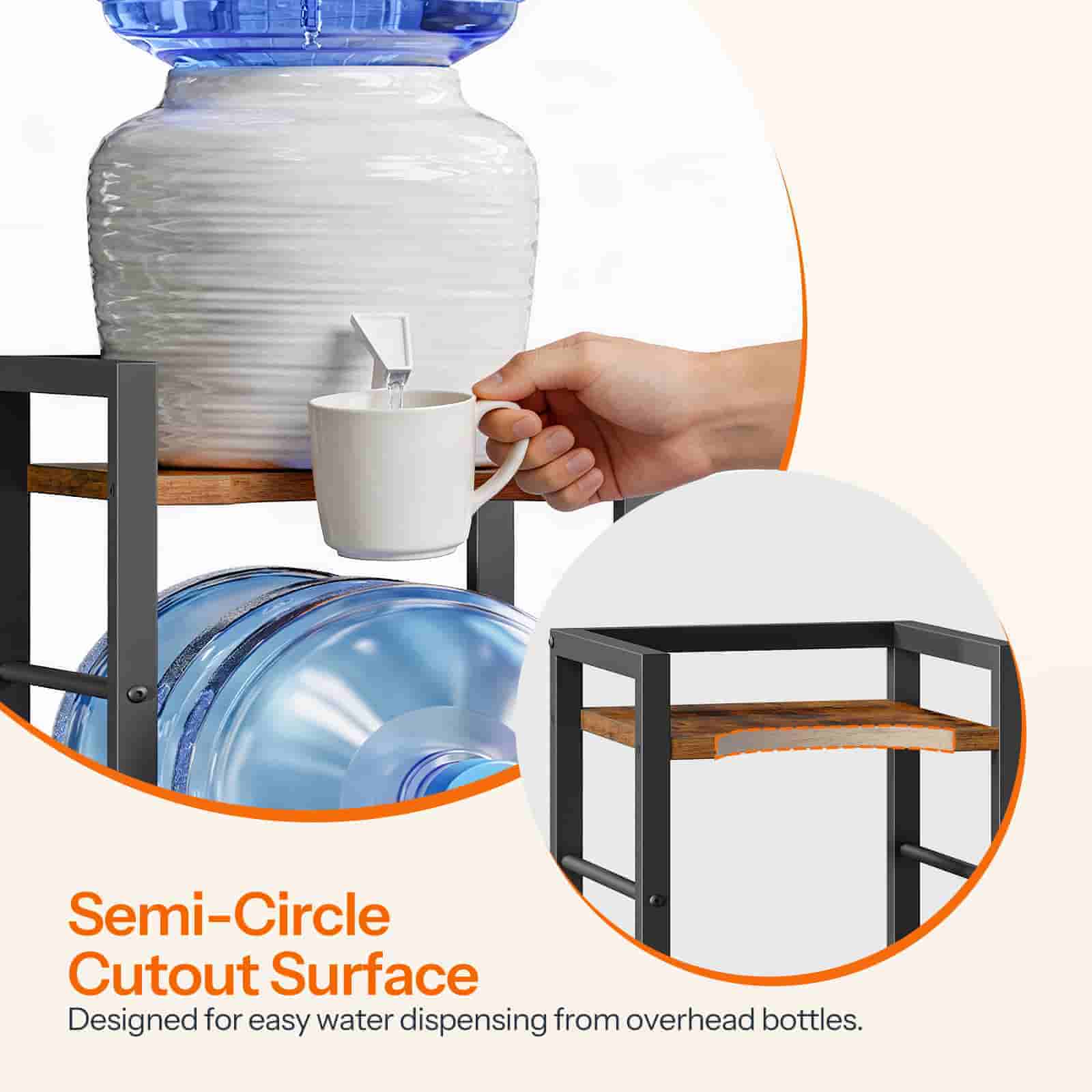 Water dispenser with a semi-circle cutout surface for easy water dispensing, with a hand holding a cup.