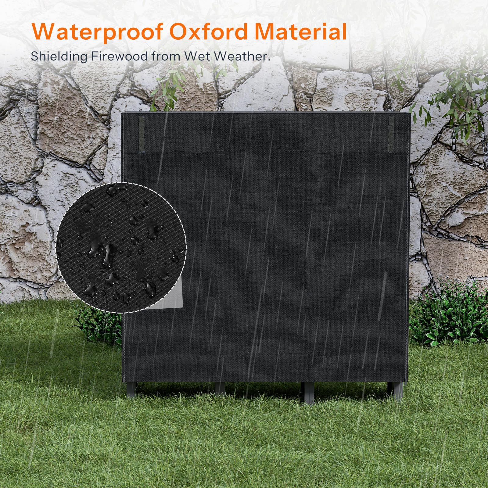 Close-up of water droplets on the waterproof 600D oxford material cover for all-weather log protection.