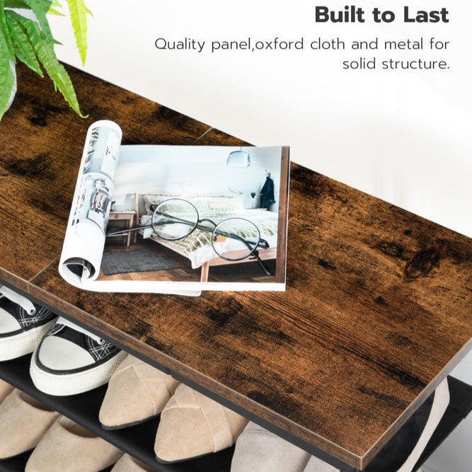 Close-up of the waterproof rustic brown wooden top panel texture holding an open magazine.