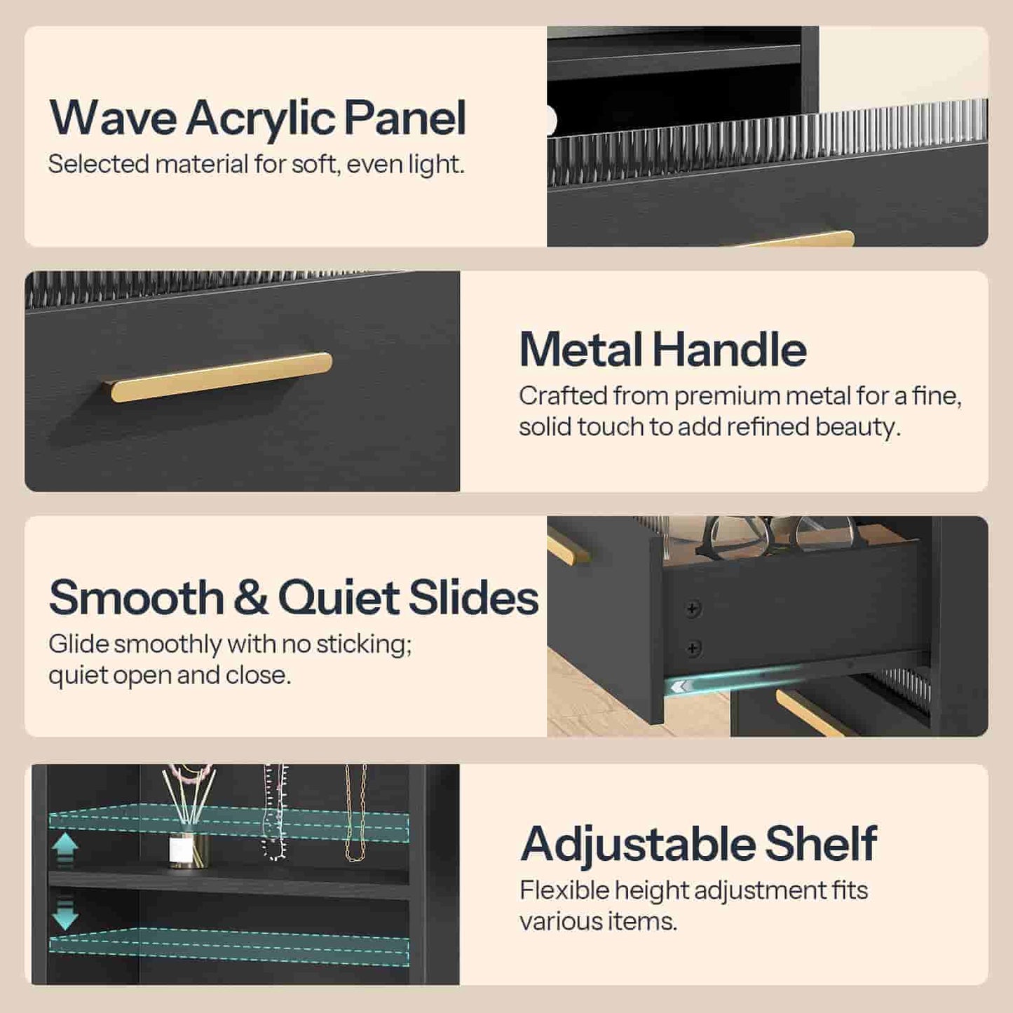 Multi-panel detail view highlighting the wave acrylic panel, premium brass metal handles, smooth drawer slides, and adjustable shelf.