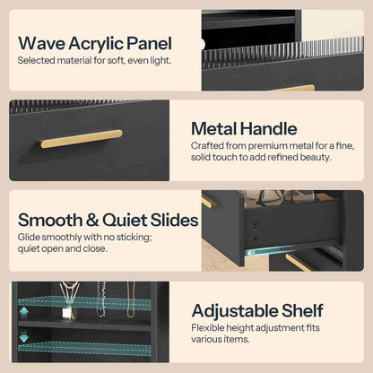 Multi-panel detail view highlighting the wave acrylic panel, premium brass metal handles, smooth drawer slides, and adjustable shelf.