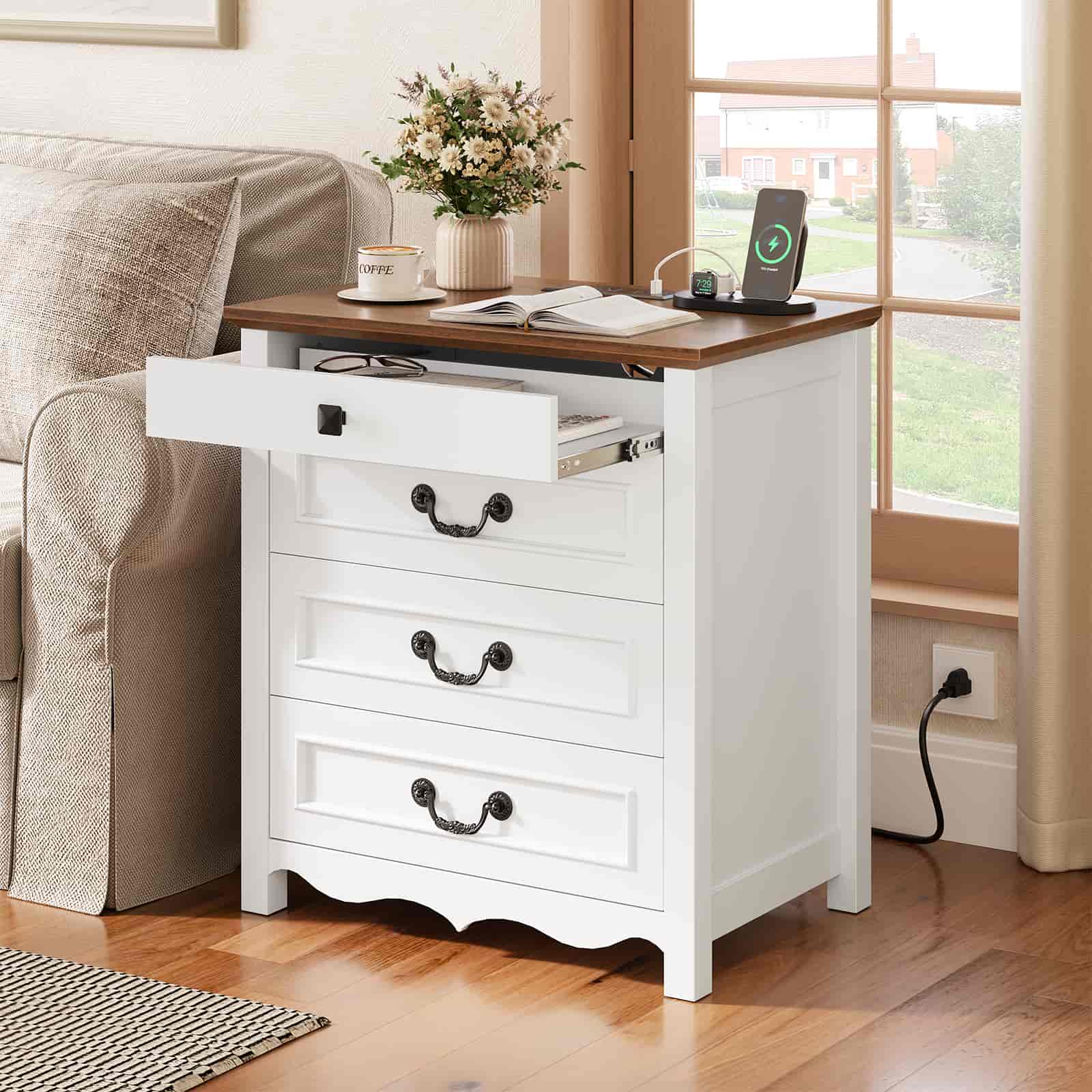 Full living room environment view with a matching pair of white 3-drawer side cabinets framing a cozy sofa.